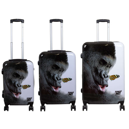 3-piece polycarbonate luggage set with wildlife gorilla design featuring three suitcase sizes, exclusive modern travel companions