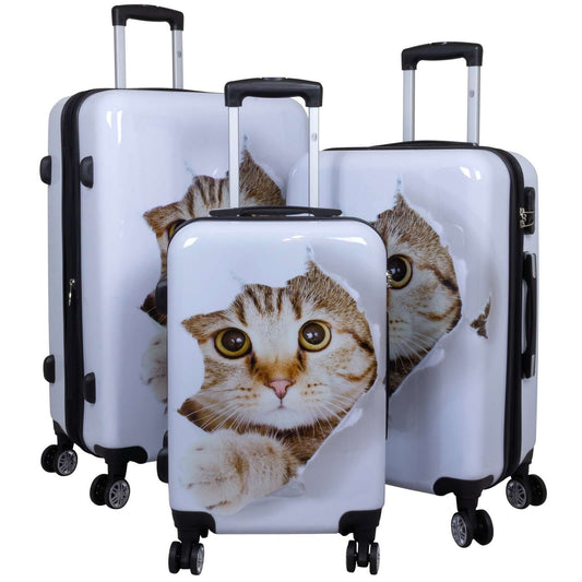 3-teiliges Polycarbonat-Kofferset mit süßem Katzendesign in Weiß, exklusiv erhältlich, modernes Design, gute Verarbeitung, durchdachte Ausstattung