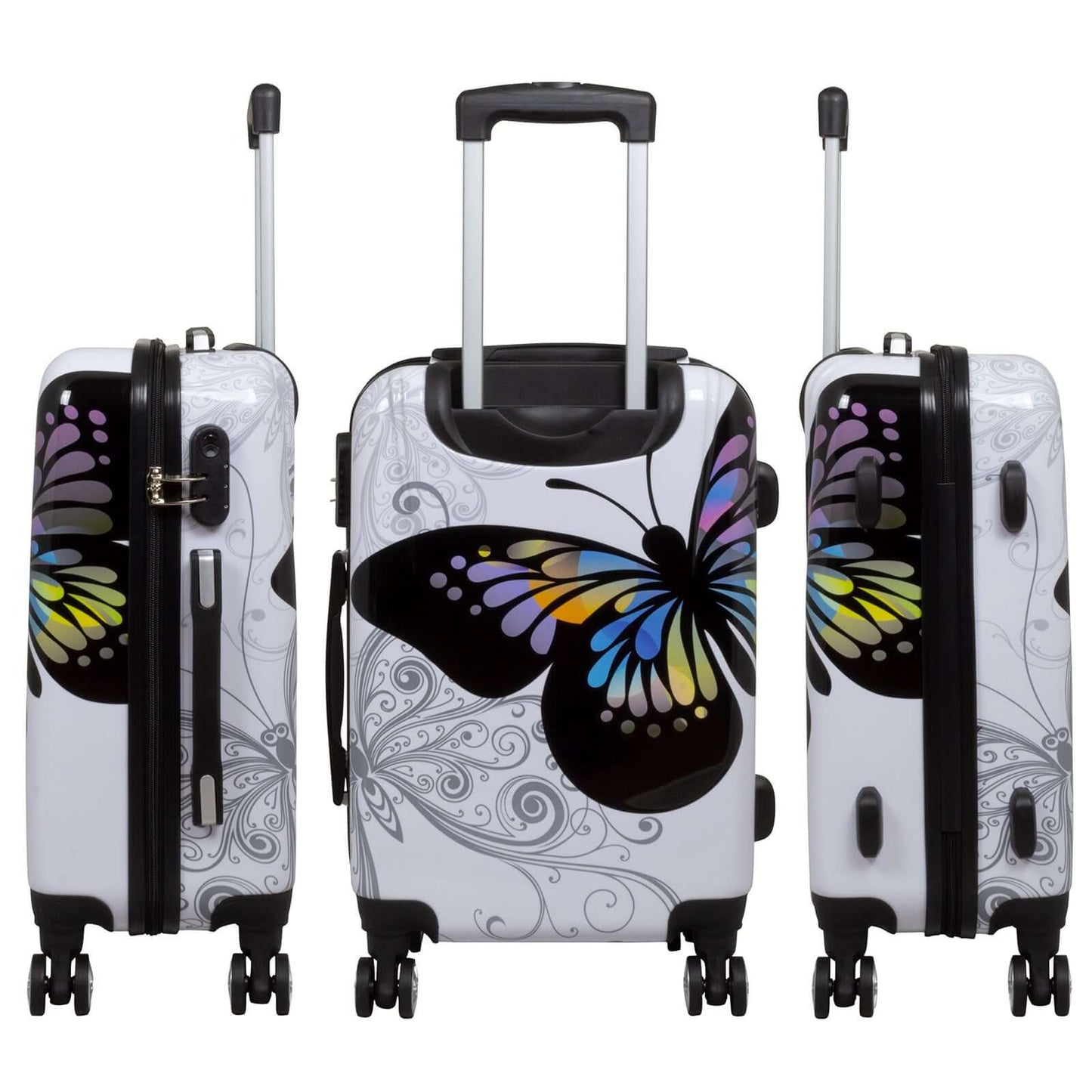 Polycarbonat Kofferset 3tlg Butterfly weiß mit farbigem Schmetterlingsdesign, bestehend aus drei unterschiedlich großen Koffern mit Rollen und Griffen.