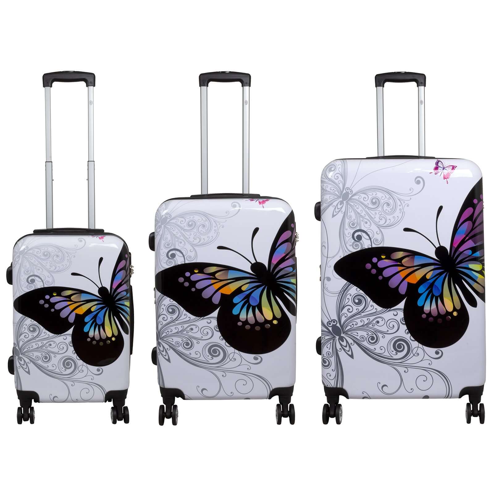 Polycarbonat Kofferset 3tlg Butterfly weiß, bedrucktes Design, geeignet für Reisen, verschiedene Größen, bunte Schmetterlingsmuster auf weißem Hintergrund