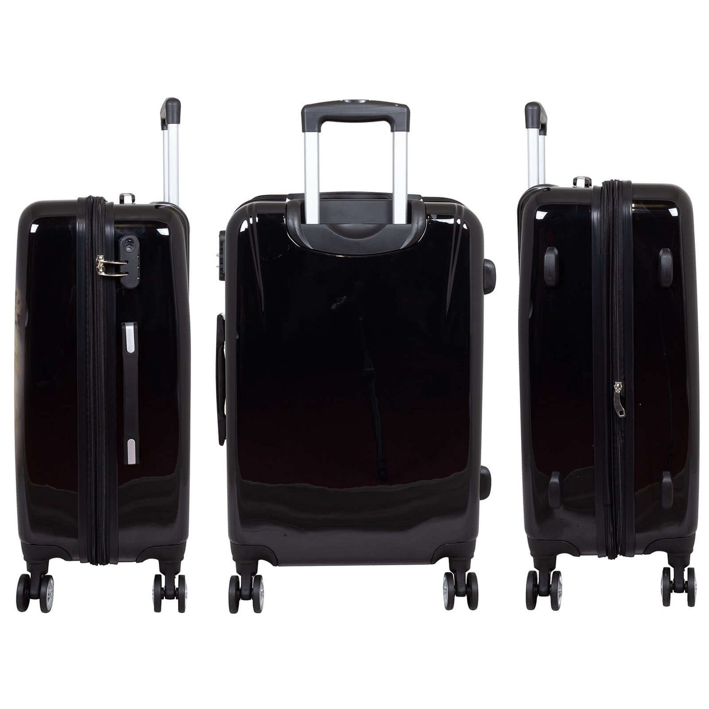 Set of three black polycarbonate suitcases with retractable handles and wheels, shown from multiple angles.