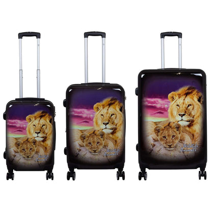 3-piece polycarbonate luggage set with wildlife lion design, featuring different sizes of suitcases on four wheels