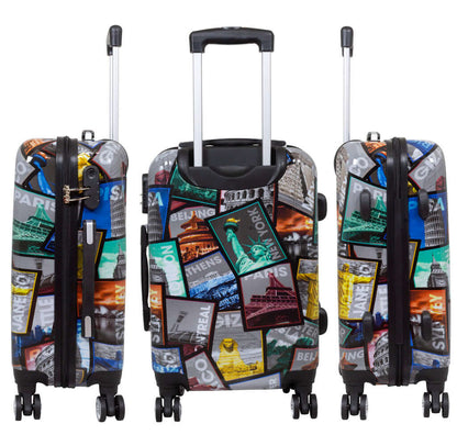 Polycarbonate 3-piece City luggage set with trendy design featuring landmarks of world cities, integrated lock, robust build.