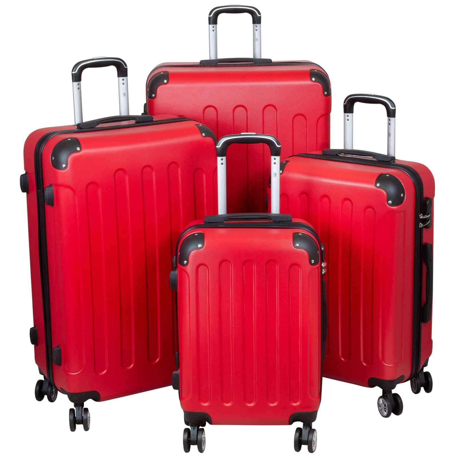 Robust red 4-piece ABS luggage set with wheels and handles, featuring a structured surface and modern design for effortless travel.