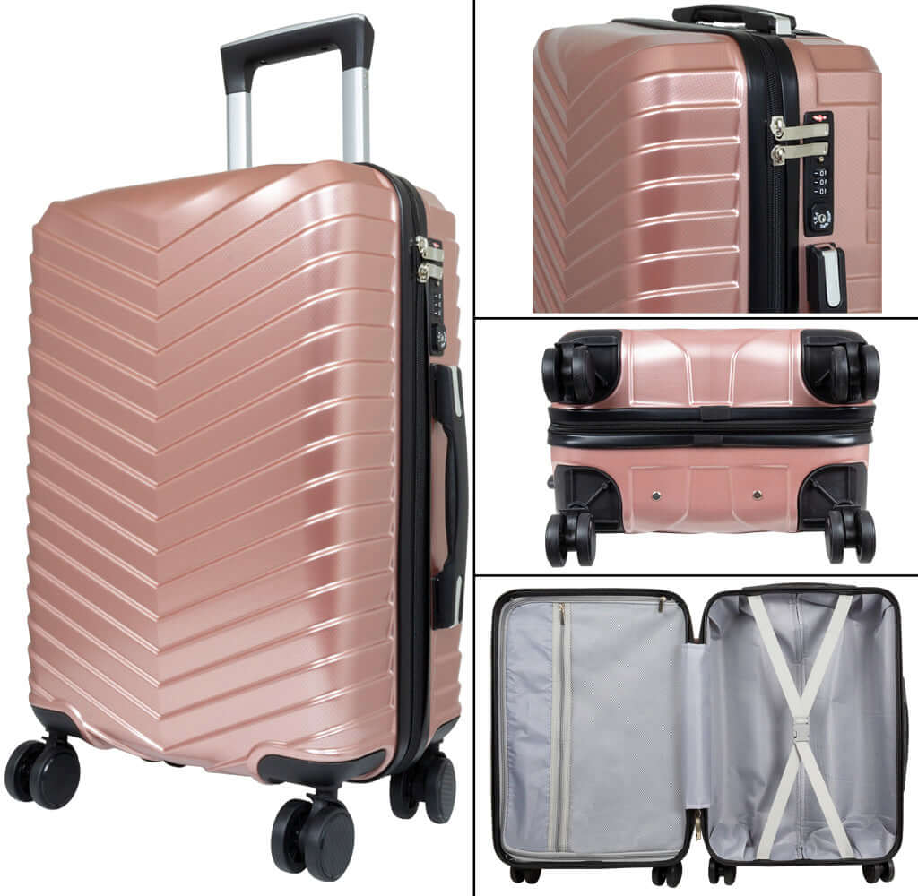 Rose gold polycarbonate suitcase with double wheels, built-in combination lock, and lined interior. Shown with expandable design and handles.