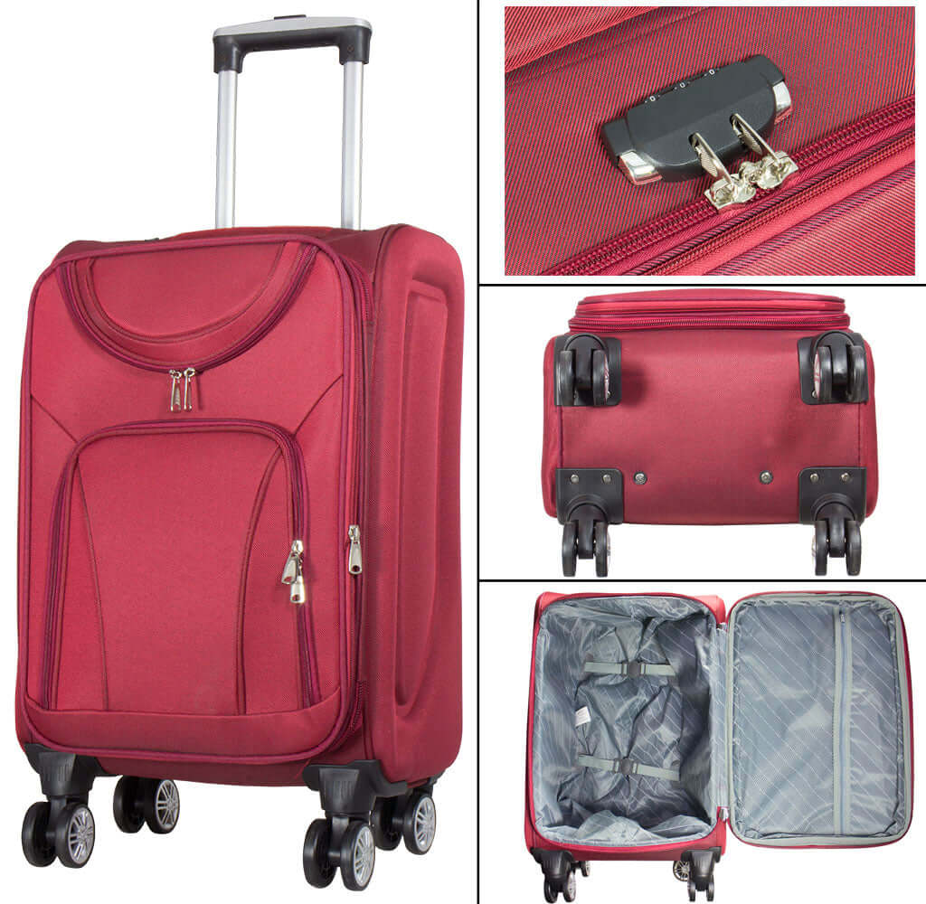 4-piece red nylon luggage set with expandable packing volume, featuring zippered compartments, security lock, and durable wheels.