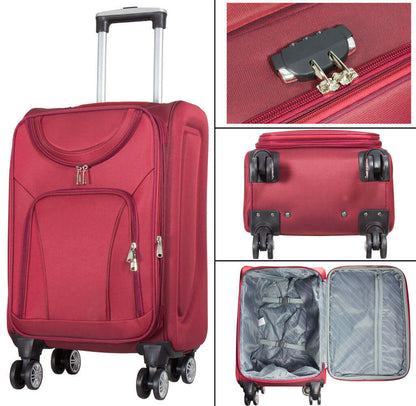 4-piece red nylon luggage set with expandable packing volume, featuring zippered compartments, security lock, and durable wheels.