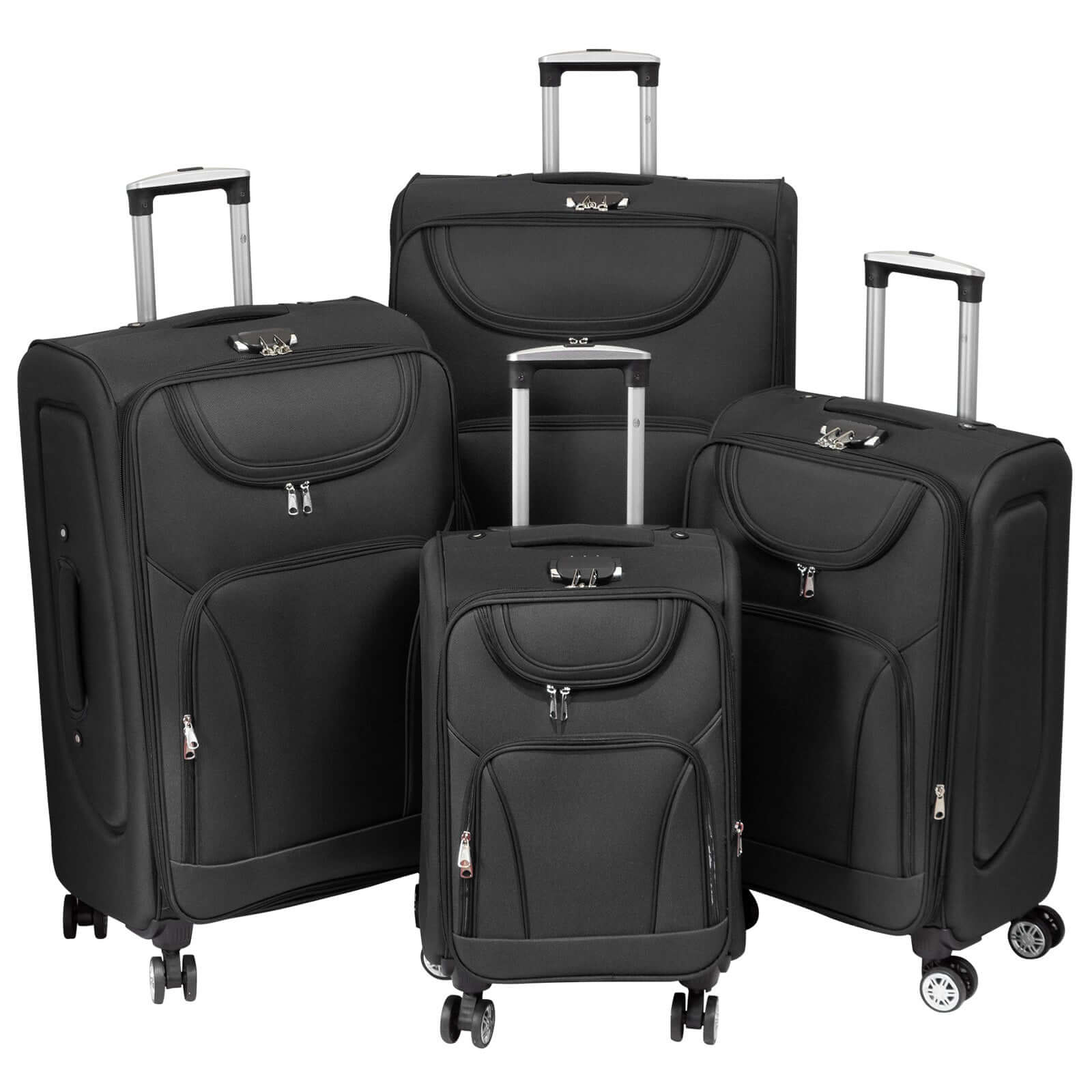 4-piece nylon luggage set Maribor in black with expandable capacity featuring durable wheels and telescopic handles.