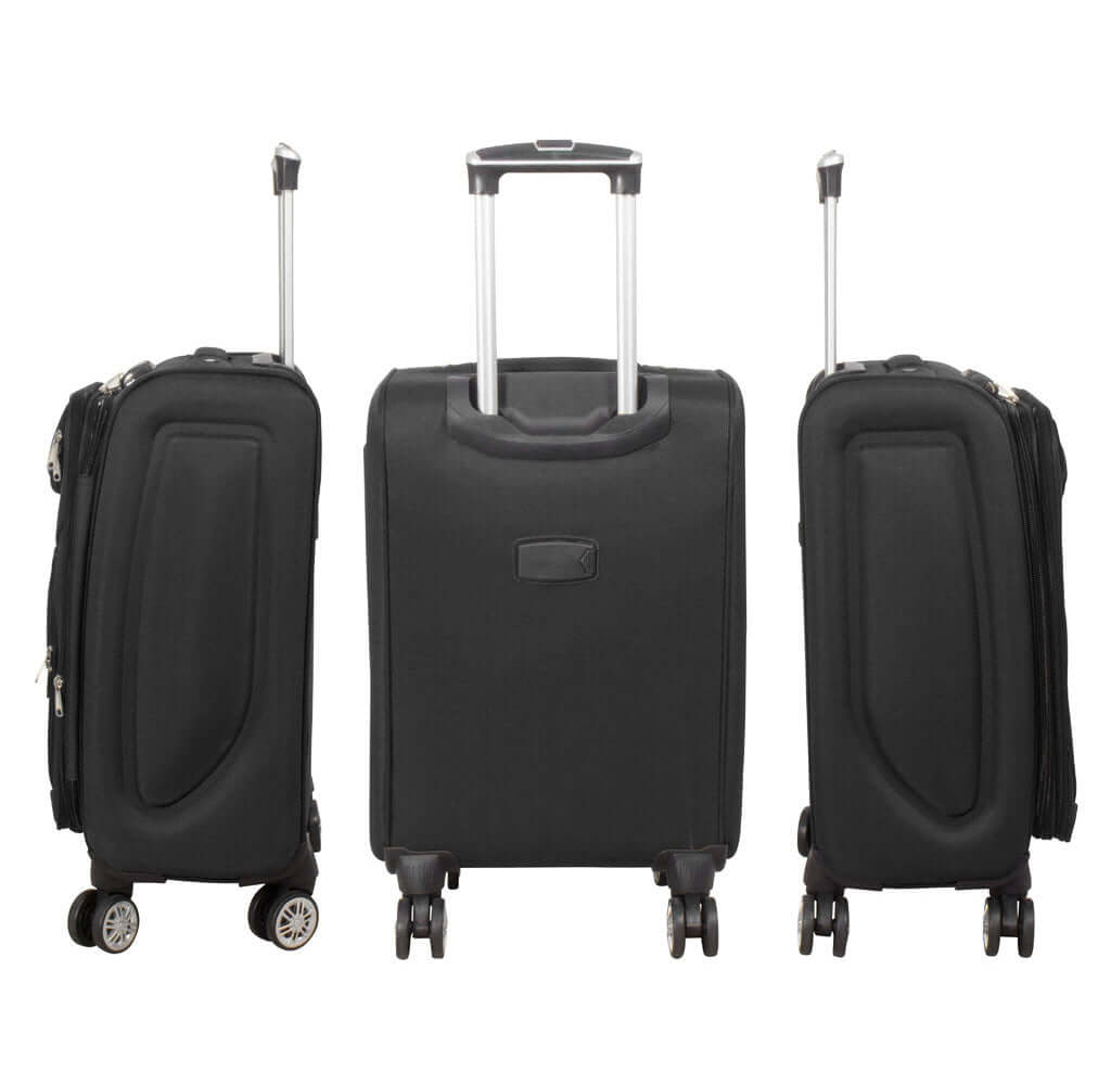 4-piece nylon luggage set in black with expandable compartments and durable nylon fabric, showcasing front, side, and back views.