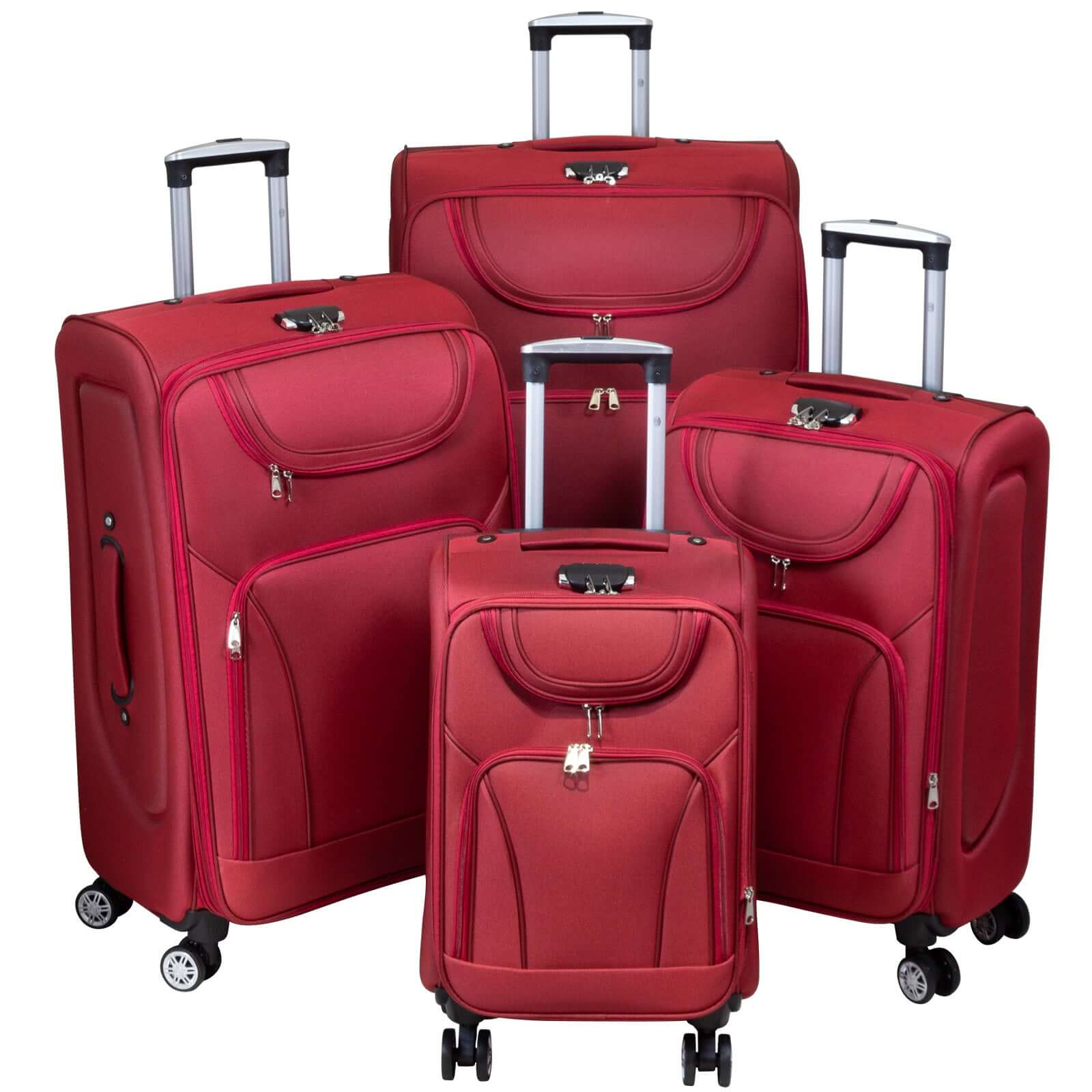 4-piece red nylon luggage set with wheels and handles, flexible and durable, expandable for extra packing space, suitable for travel