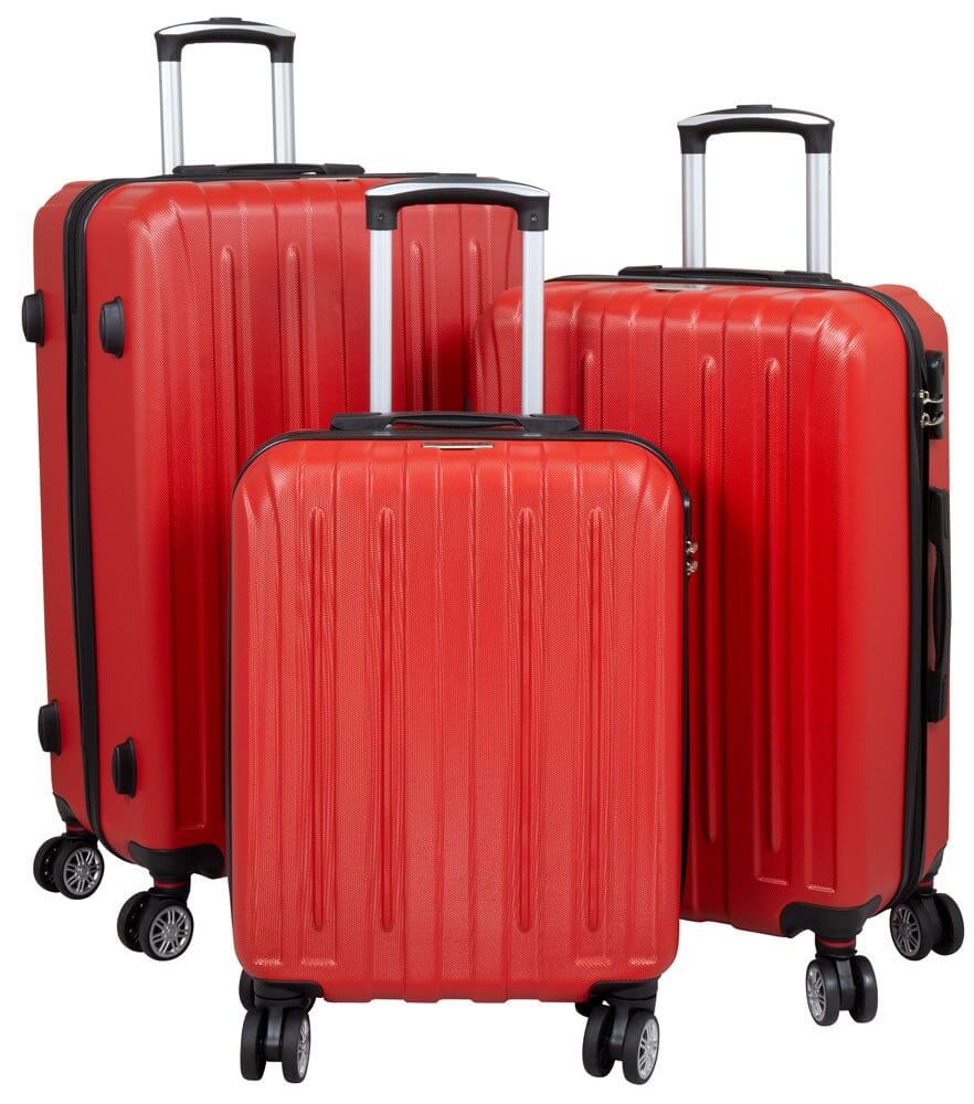 Robust ABS 3-piece luggage set in red with structured surface, equipped with 4 double wheels and a combination lock for comfortable travel.