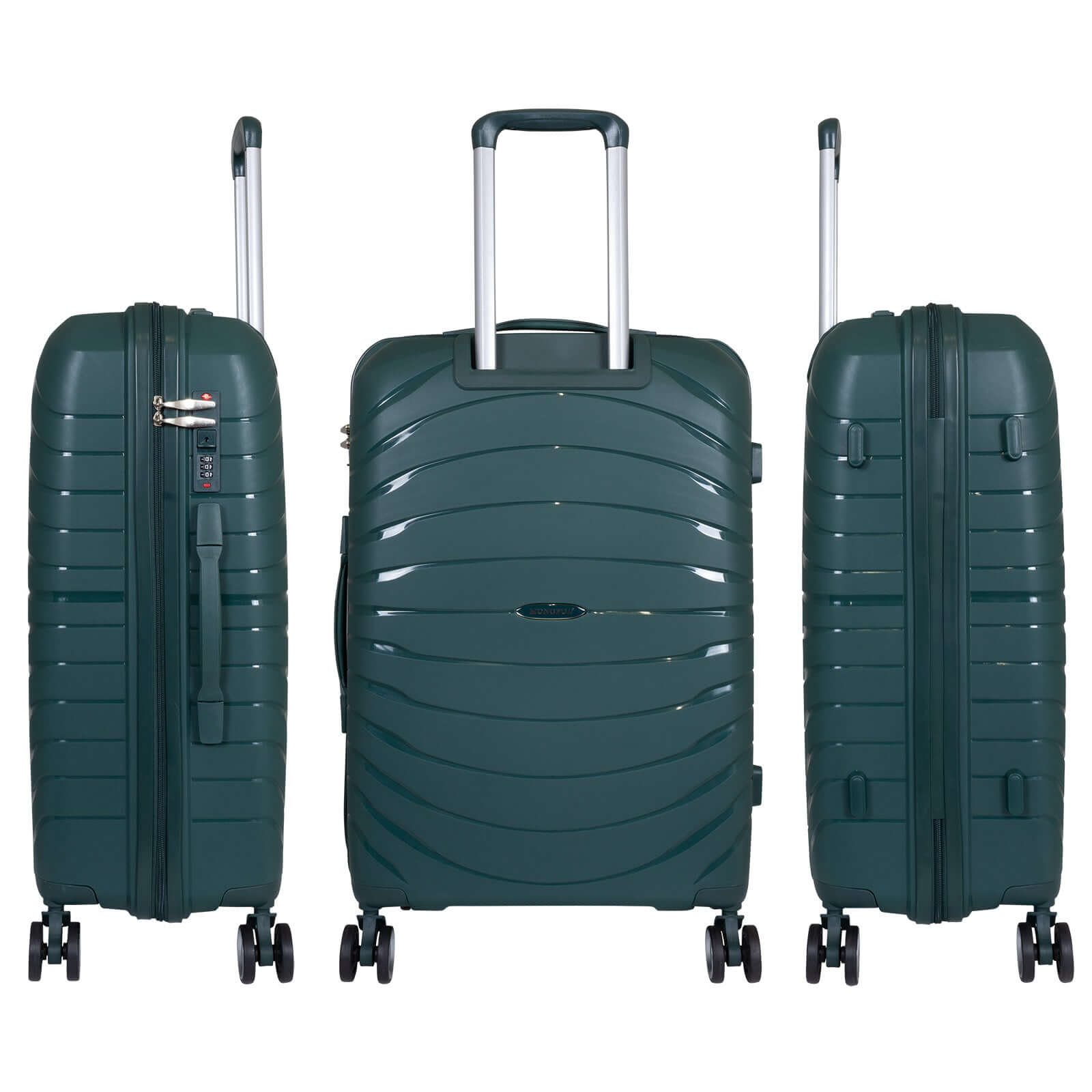 Robustes 3-teiliges PP-Kofferset Denver in Grün, ideal für Reisen, mit 4 Doppelrädern, Zahlenschloss und geteiltem Innenleben. Classic design, durable.