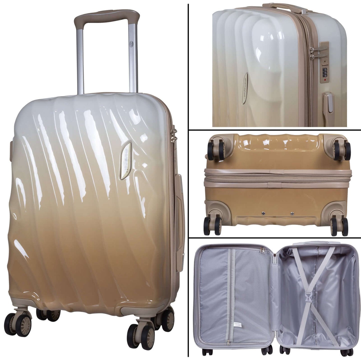 3-teiliges Polycarbonat Kofferset in grau-braun mit Doppelrädern, Zahlenschloss, Dehnfalte und geteiltem Innenleben, ideal für Reisen.