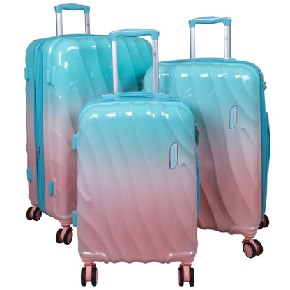 3-teiliges Polycarbonat Kofferset Marbella in blau-pink mit stylischem Farbverlauf, 4 Doppelrädern und Zahlenschloss für komfortable Reisen.