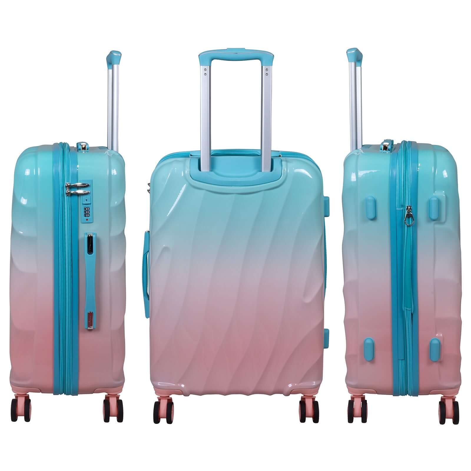 3-teiliges Polycarbonat Kofferset Marbella blau-pink mit modernem Farbverlauf und 4 Doppelrädern, Dehnfalte und Zahlenschloss