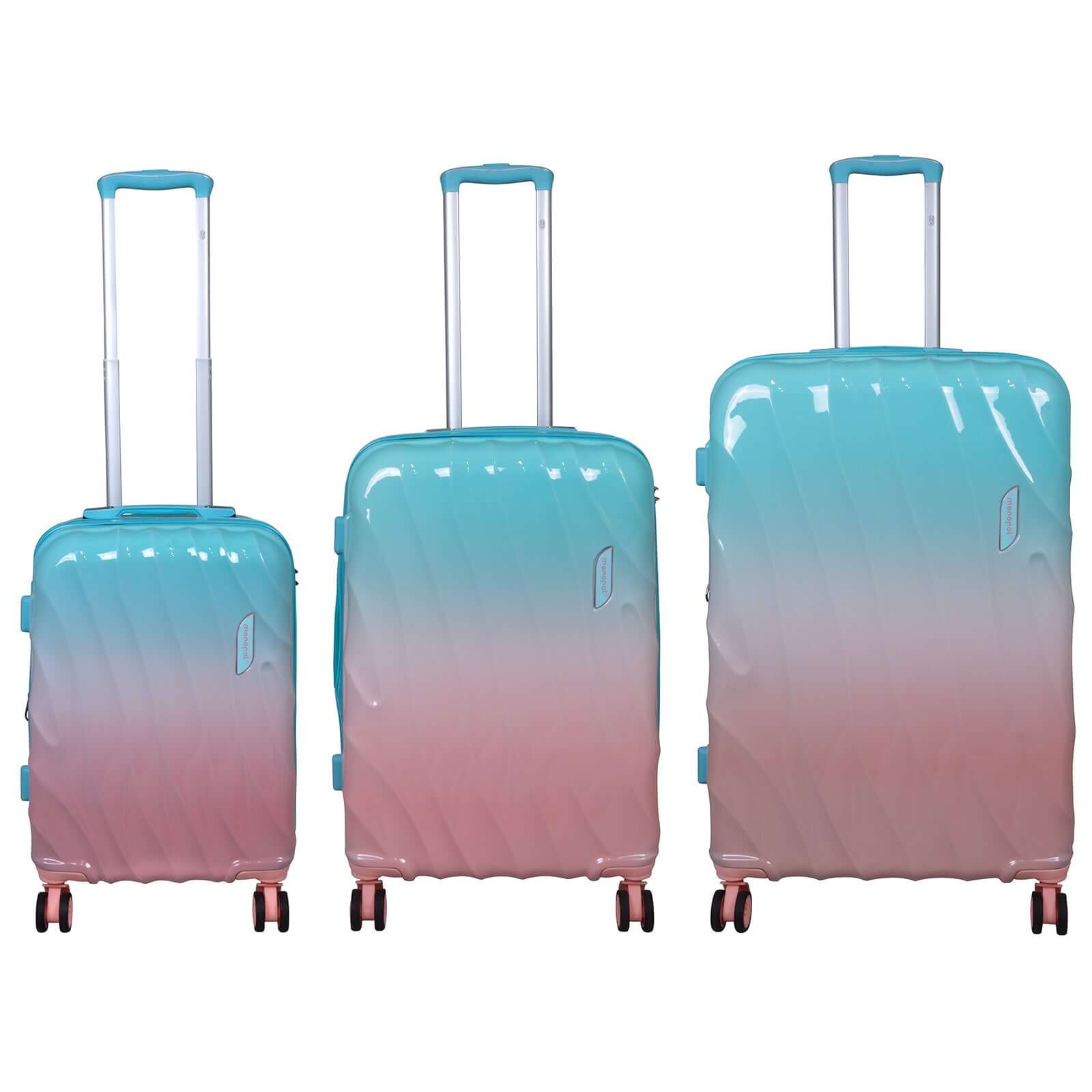 Polycarbonat Kofferset 3tlg Marbella blau-pink mit Farbverlauf, 4 Doppelrädern, Dehnfalte, Zahlenschloss, geteiltem Innenleben, ideal für Reisen