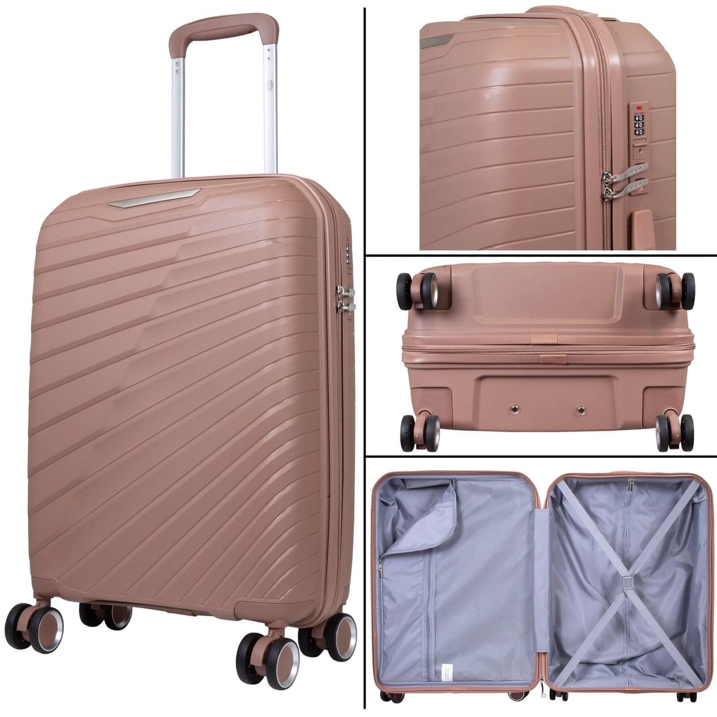 Robust 3-piece Monza rosegold PP luggage set with 4 double wheels, combination lock, and split interior shown from various angles