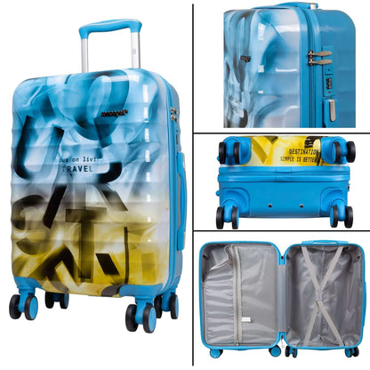 3-piece blue-brown polycarbonate suitcase set with colorful design, featuring spinner wheels, expansion fold, combination lock, and divided interior.