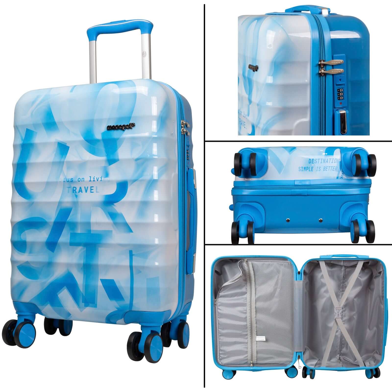 Blue and white polycarbonate suitcase with four double wheels, security code lock, expandable design, and divided interior compartments.