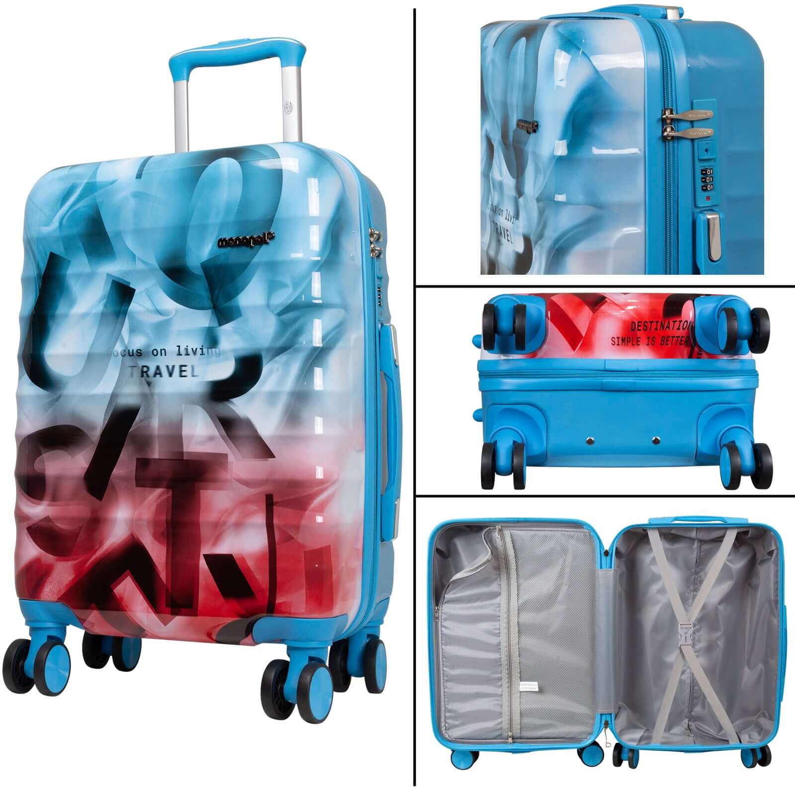 Blau-pinkes Polycarbonat-Kofferset mit buntem Motivprint. Zeigt 4 Doppelräder, Dehnfalte, Zahlenschloss und geteiltes Innenleben. Ideal für Reisen.