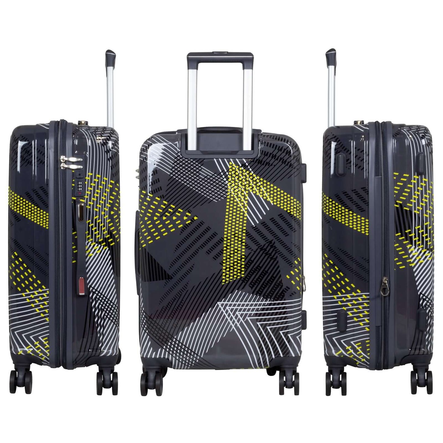 3-piece grey polycarbonate luggage set with modern design, featuring 4 double wheels, expansion fold, combination lock, and divided interior.