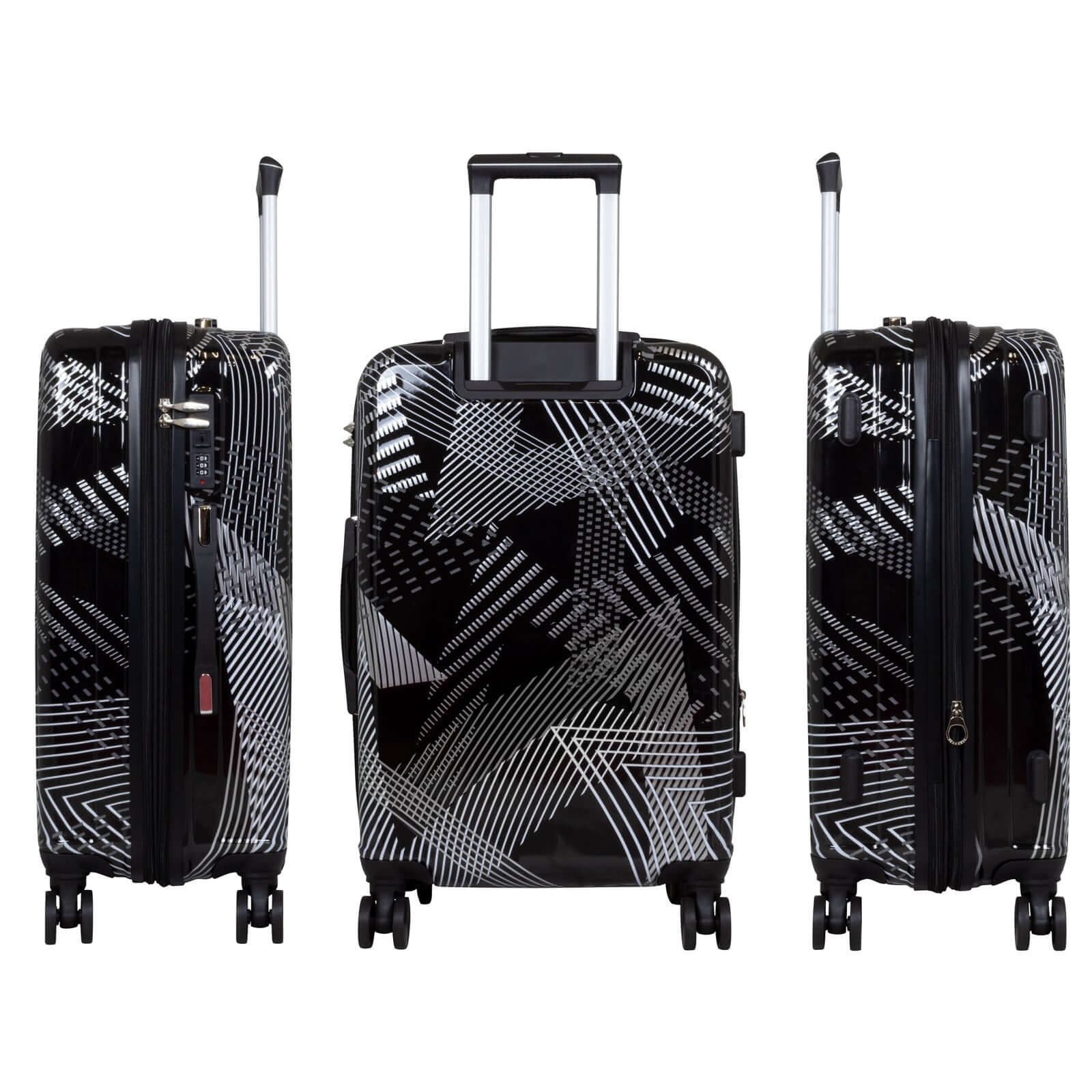 Set of three black polycarbonate suitcases with modern design, equipped with double wheels, expansion folds, and combination locks.