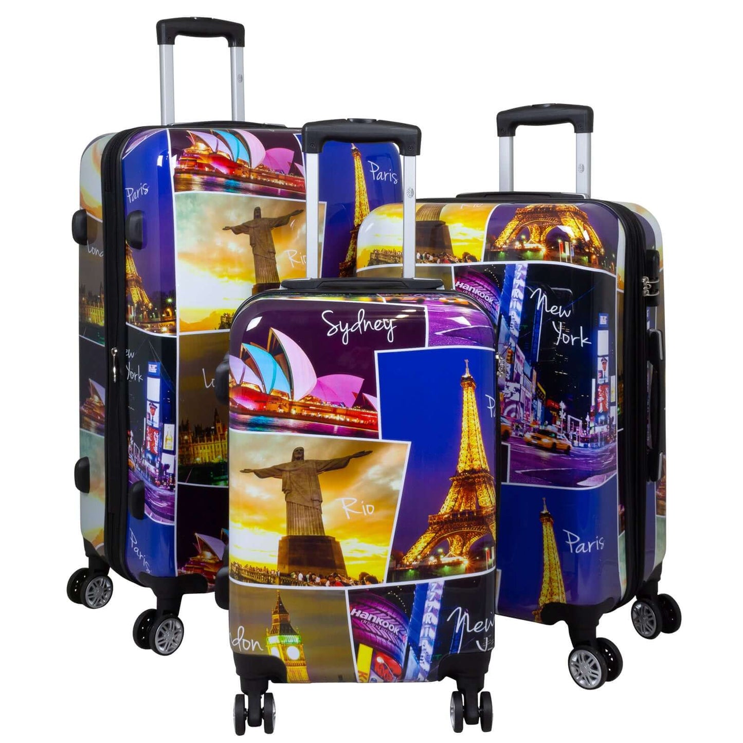 Stylish 3-piece polycarbonate luggage set decorated with landmarks from New York, Sydney, London, Paris, and Rio, featuring double wheels and a combination lock.