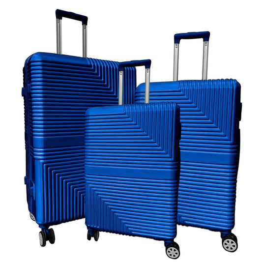 Drei blau strukturierte ABS-Koffer mit vier Doppelrädern und ausziehbaren Griffen, ideal für robuste und stilvolle Reisen.