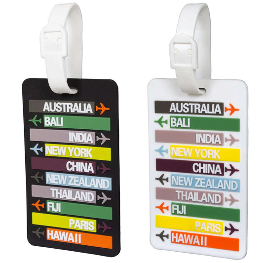 Bunte Kofferanhänger Set 2tlg mit Reisezielen wie Australien, Bali, New York, und mehr, für einfaches Identifizieren des Reisegepäcks.