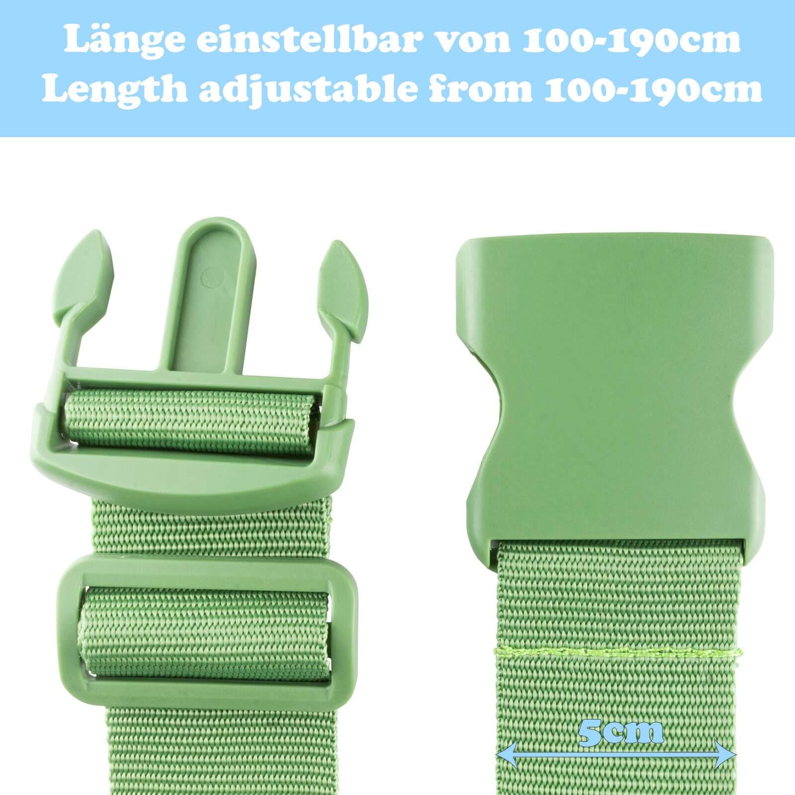 Strapazierfähiger grüner Koffergurt mit verstellbarer Länge von 100-190cm und Schnellverschluss, Breite 5cm, für Reisen.